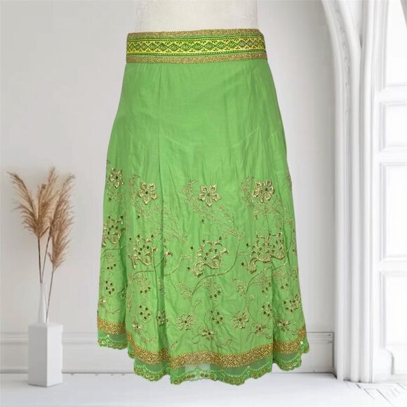 Express Ethereal Fairy Core Green Cotton Gold Thread Sequin Lace Midi Skirt S - Picture 1 of 8